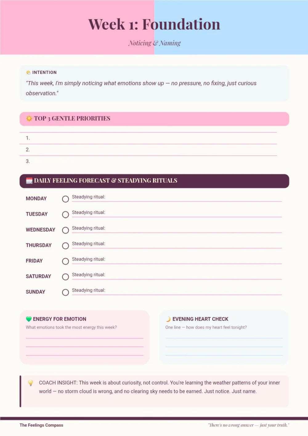 Feelings Compass planner page with a muted purple title, colored check-in lines and reflection space.