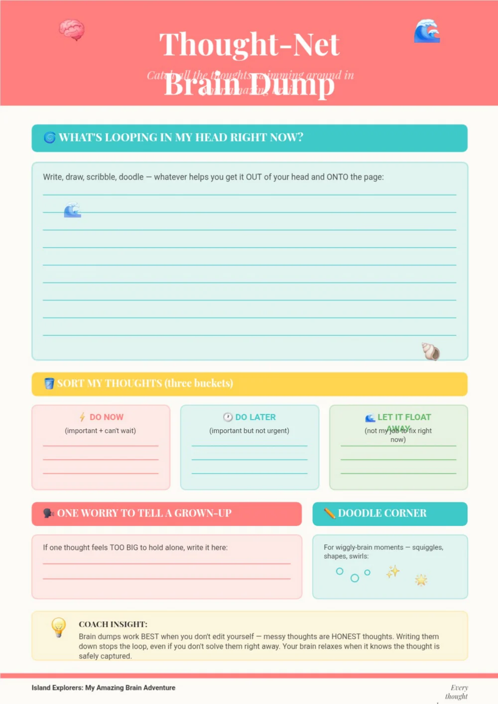 Island Explorers planner page with a coral title area, pale blue and green sections and writing space.