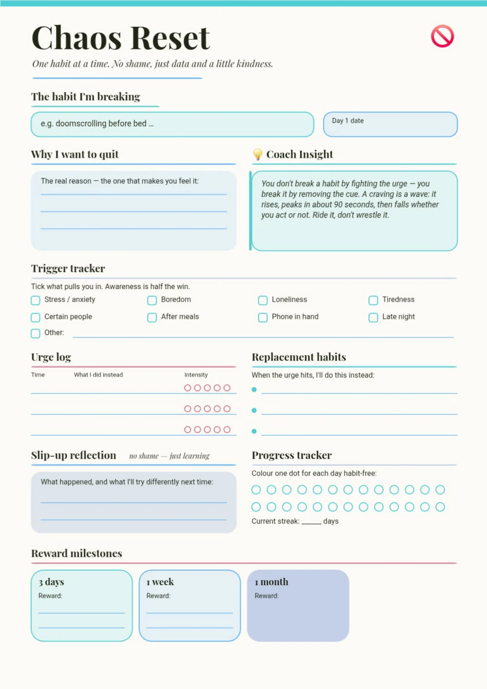 Chaos Reset planner page with a turquoise title, colored check-in fields and structured prompts.
