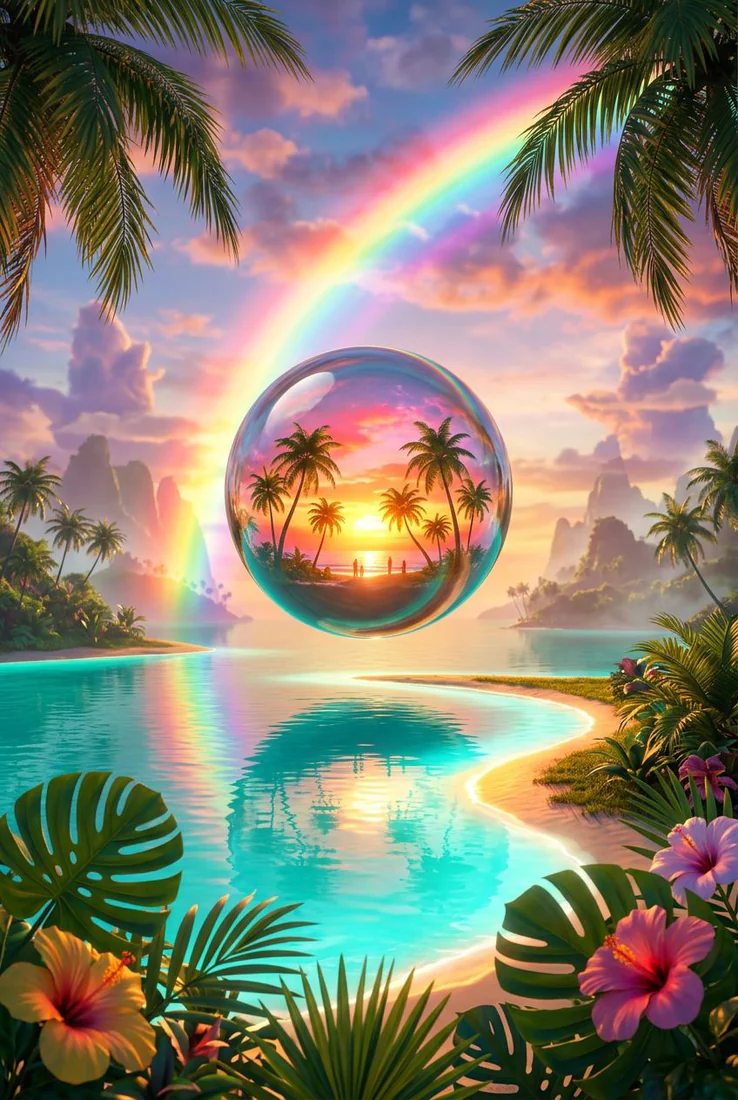 Vivid tropical lagoon framed by palms and flowers, with a glowing sphere and rainbow in the sky.