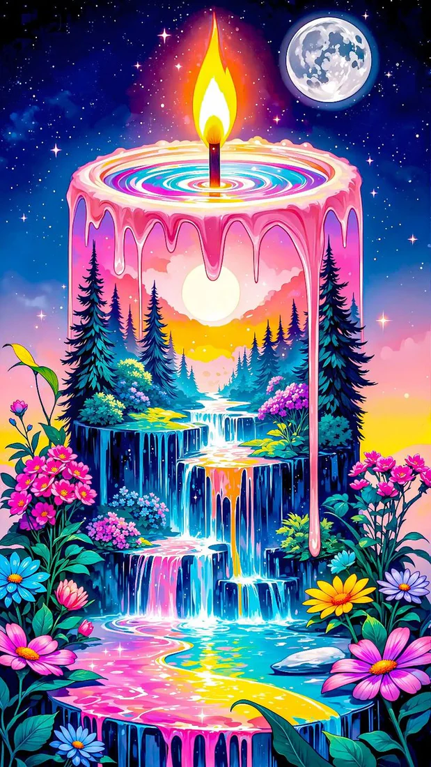 Glowing candle above a fantastical waterfall and flower-filled forest under a moonlit sky.
