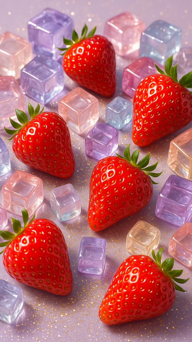 Glossy red strawberries arranged among translucent pink, purple and clear ice cubes.