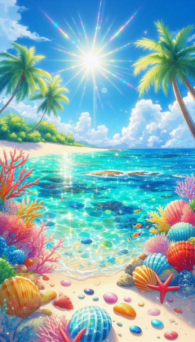 Bright tropical shoreline beneath a radiant sun, with palms, turquoise water and colorful coral.