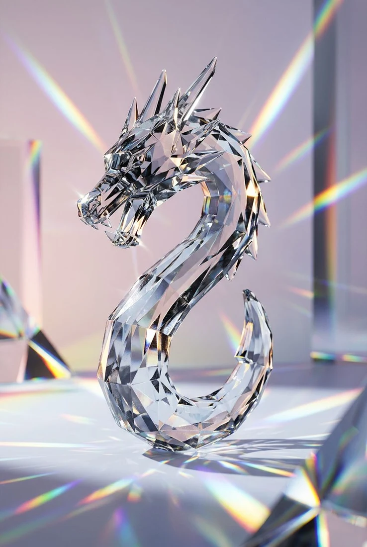 Sculptural crystal dragon reflecting rainbow light in a softly lit glass interior.