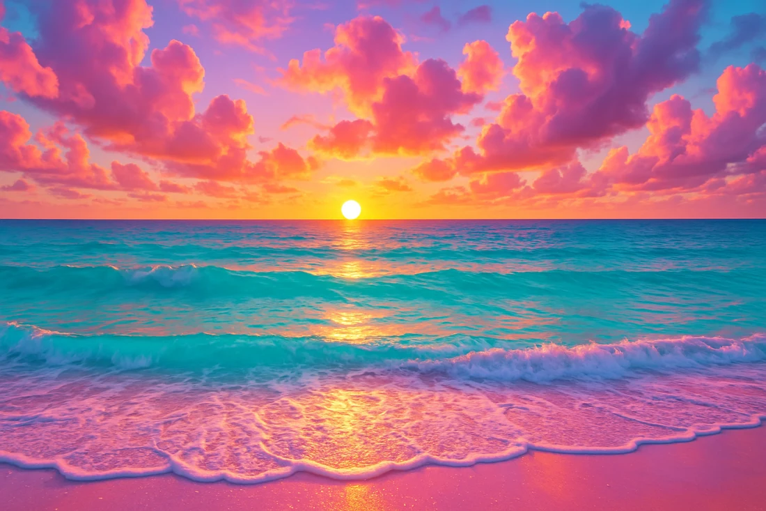 Golden sunset over turquoise ocean waves and pink sand beneath vivid pink and orange clouds.