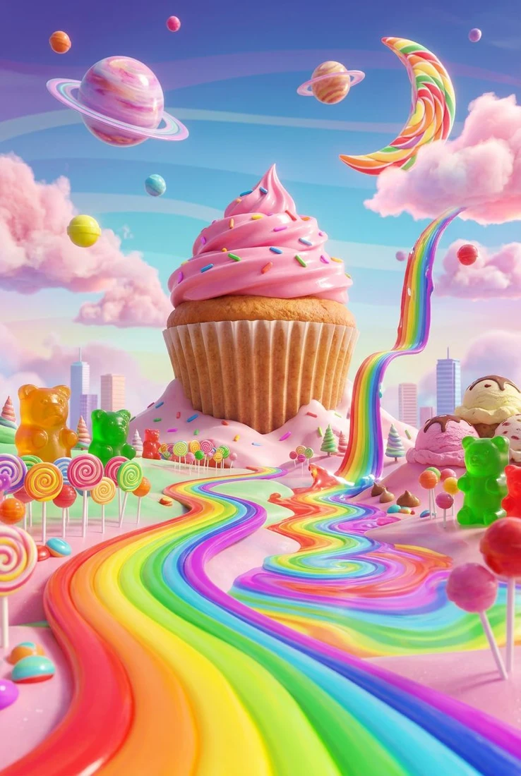 Rainbow river winding through a candy landscape with a giant pink cupcake and floating pastel planets.