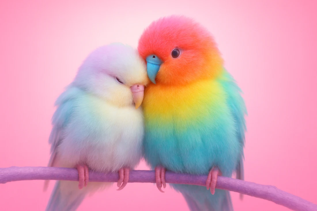 Two fluffy pastel and rainbow-coloured birds nestled together on a branch against a pink background.