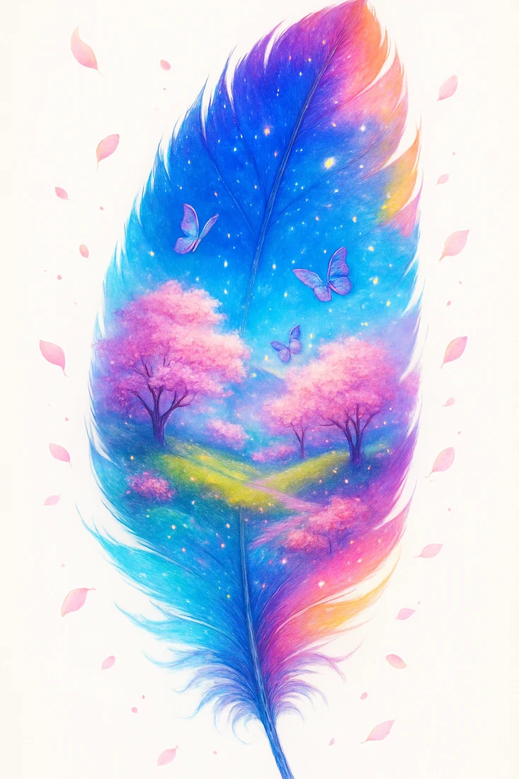 Vibrant blue, pink and golden feather containing a dreamy landscape of trees and flowing water.
