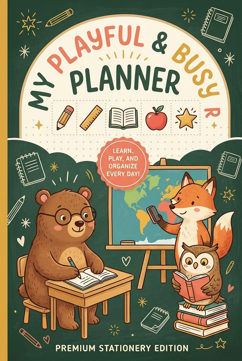 Dark green illustrated planner cover with a bear, fox and owl among school supplies, titled “My Playful & Busy Planner”