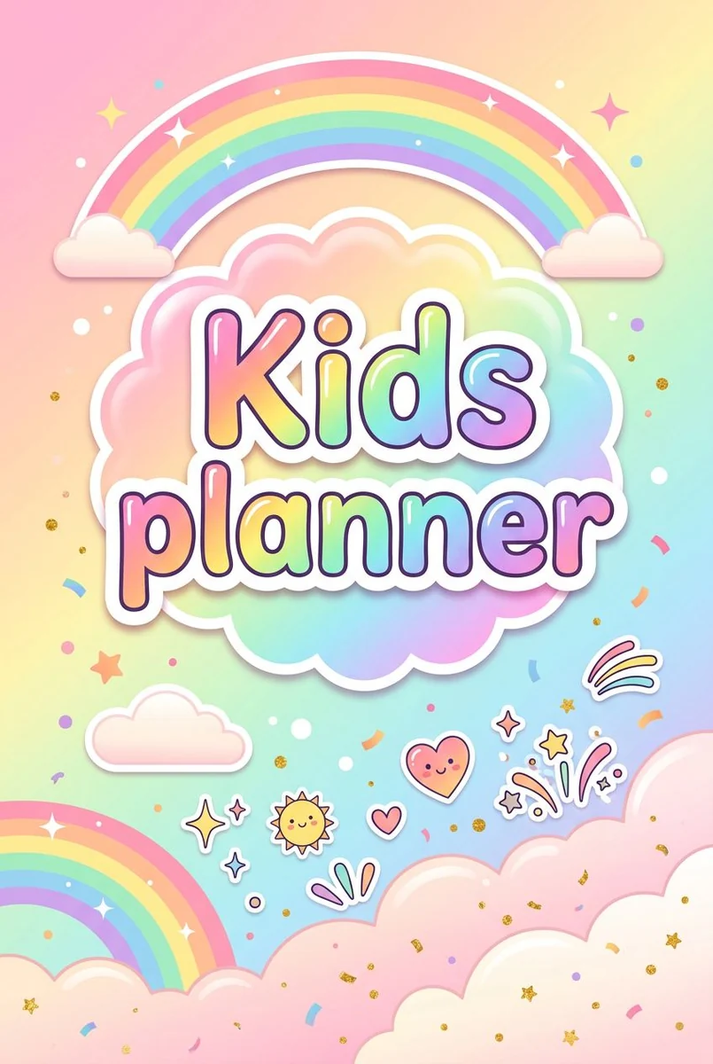 Pastel rainbow Kids Planner cover with clouds, stars, hearts and small cheerful doodles