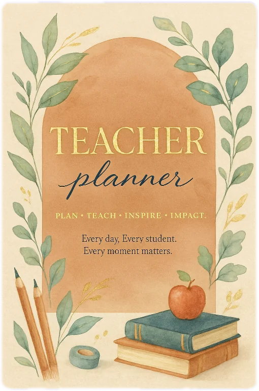 Warm tan Teacher Planner cover with leafy branches, pencils, books and an apple