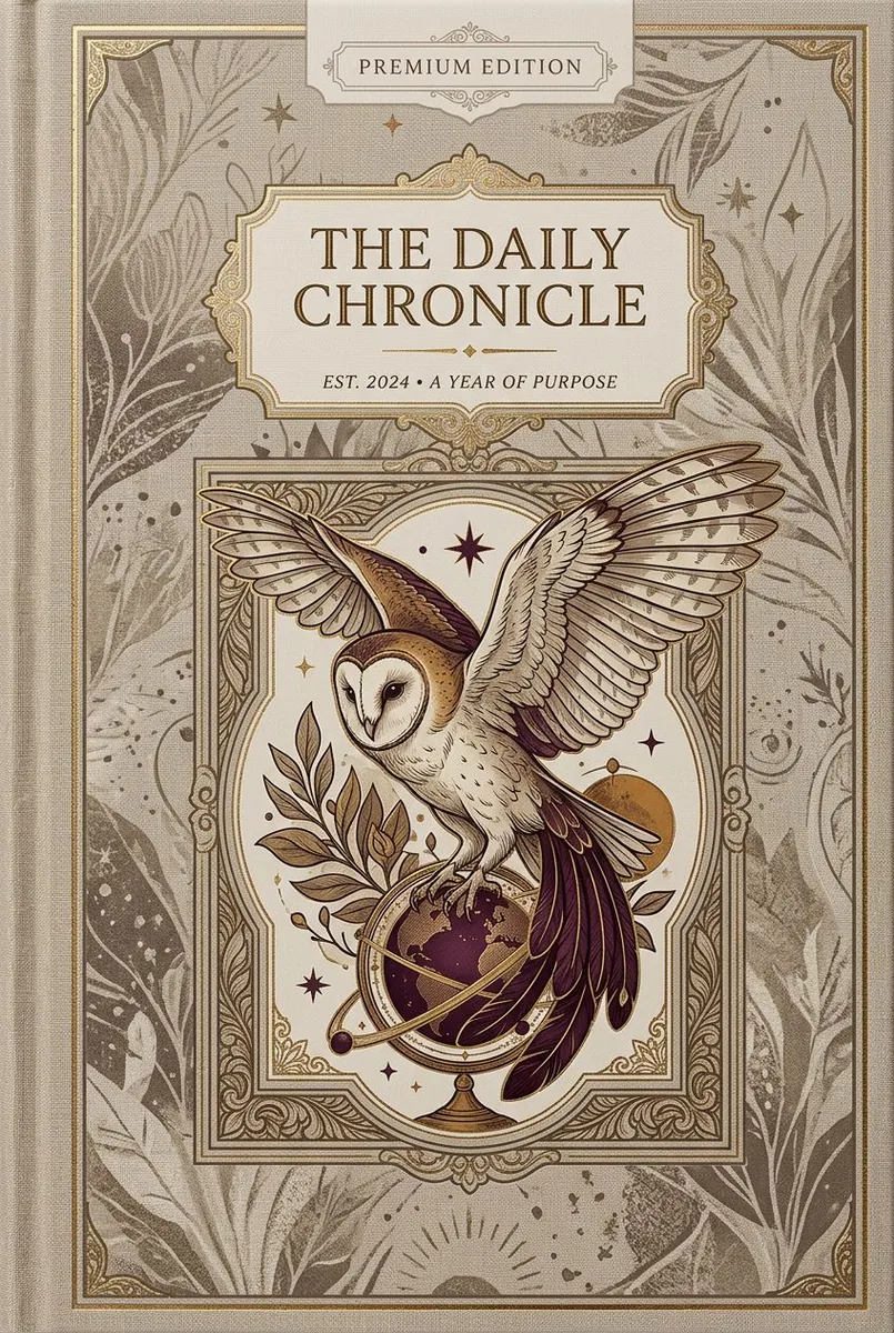 Ornate sepia journal cover titled “The Daily Chronicle,” featuring a flying owl above a globe
