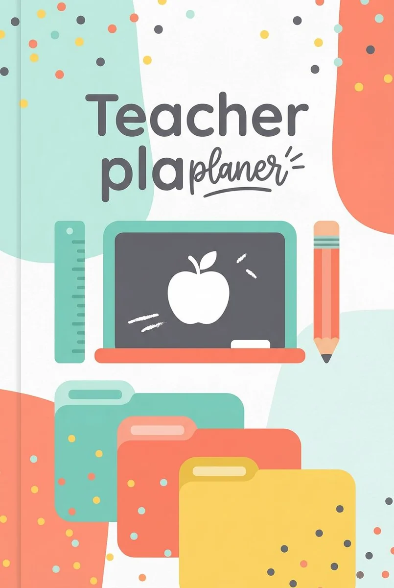 Pastel Teacher Planner cover with a chalkboard apple, ruler, pencil and overlapping colored shapes