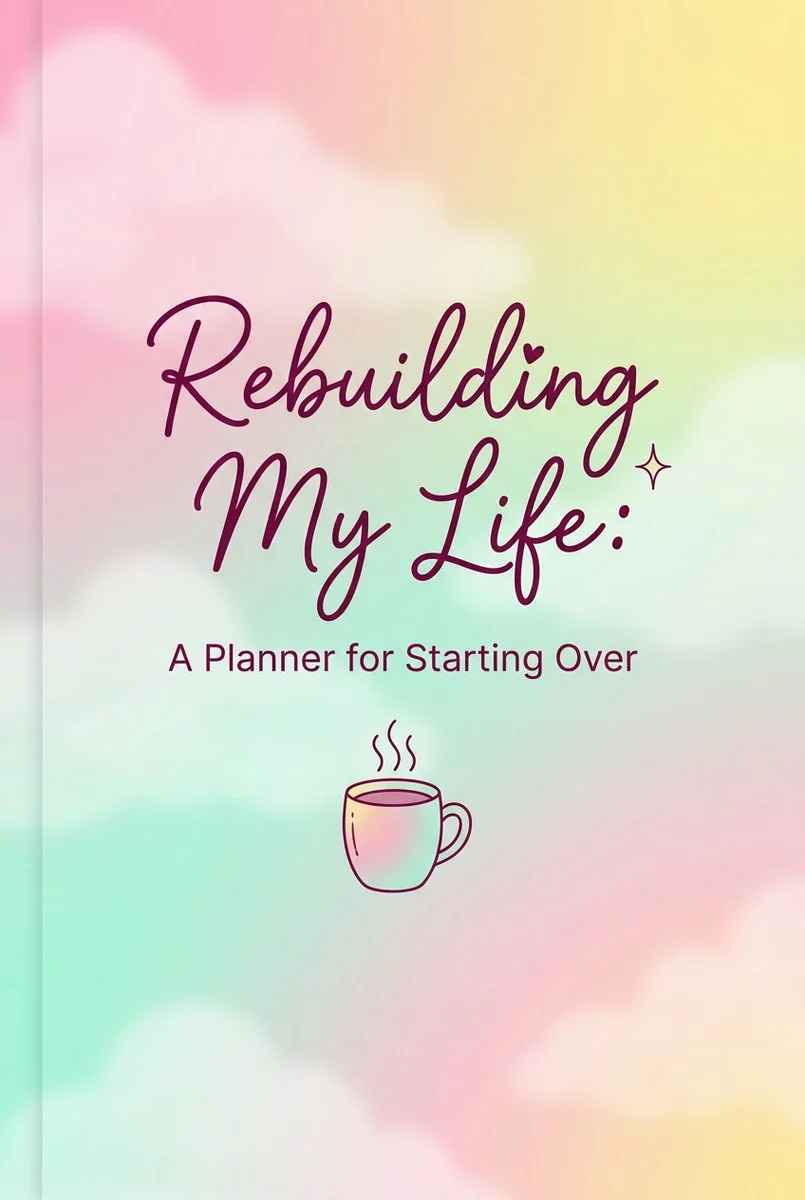Soft pink, mint and yellow cover titled “Rebuilding My Life: A Planner for Starting Over,” with a steaming cup illustration