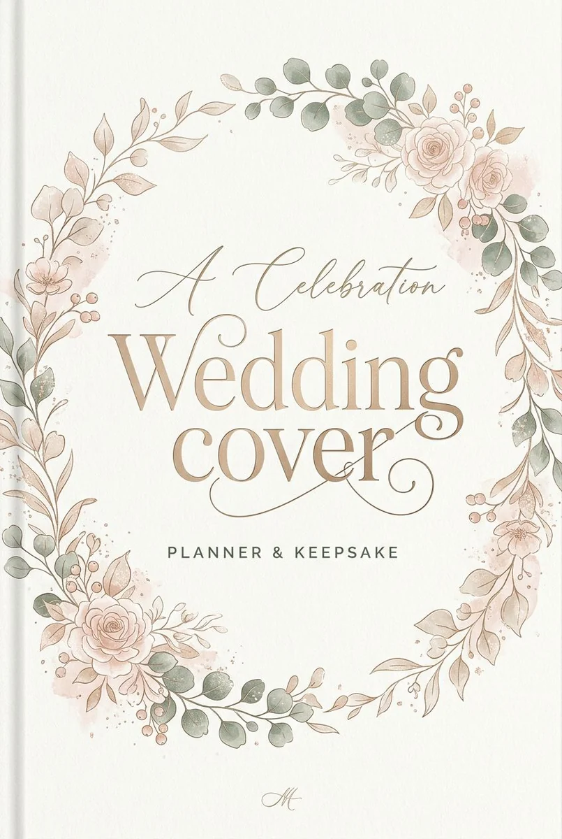 Pale floral cover titled “A Celebration Wedding Cover,” with a wreath of roses and leaves