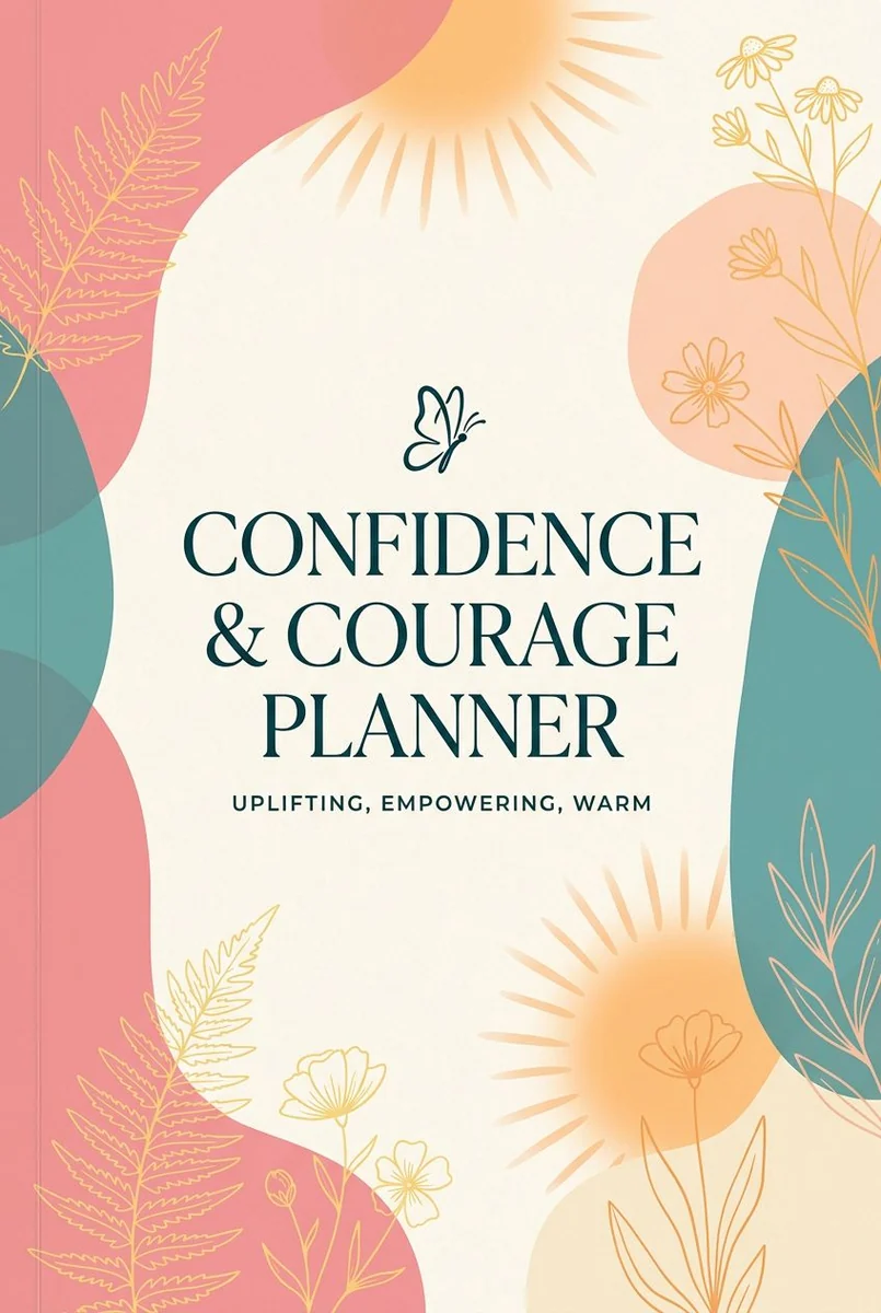 Cream Confidence & Courage Planner cover with outlined flowers, a butterfly and warm coral and teal shapes