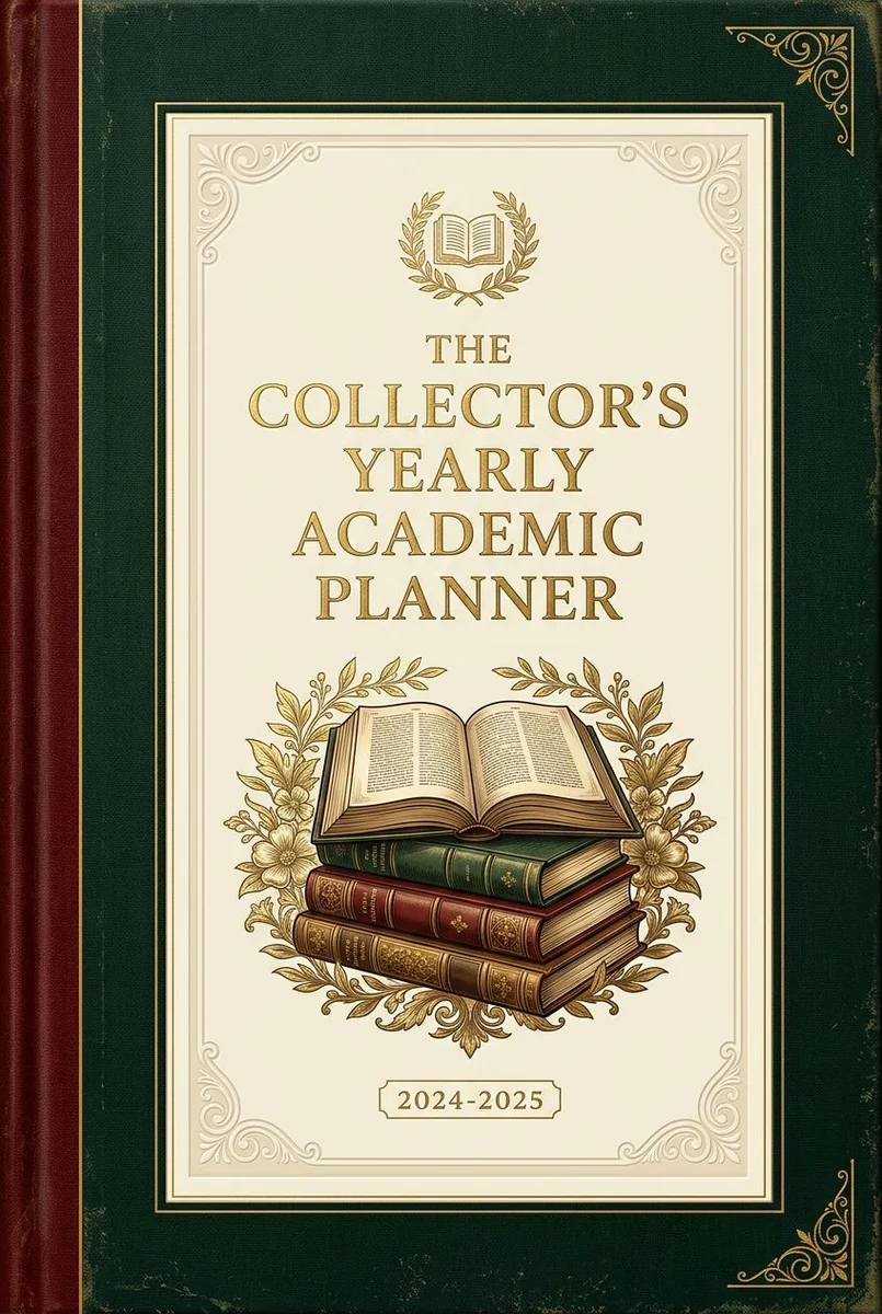 Dark green and burgundy Collector’s Yearly Academic Planner cover with an open book and stacked volumes