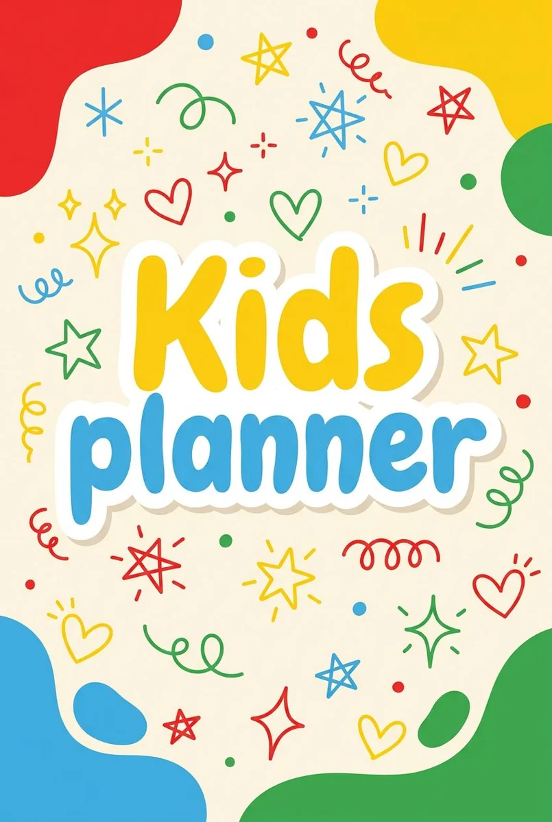 Bright Kids Planner cover surrounded by colorful hand-drawn stars, hearts and squiggles