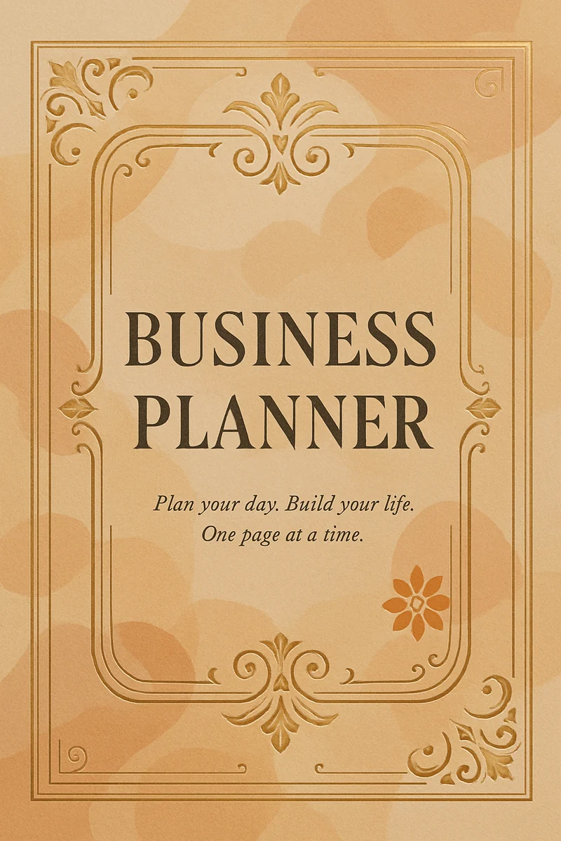 Warm tan Business Planner cover with an ornate gold frame and decorative flourishes