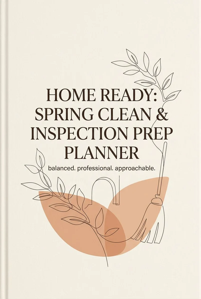 Minimal Home Ready: Spring Clean & Inspection Prep Planner cover with line-drawn leaves and a broom