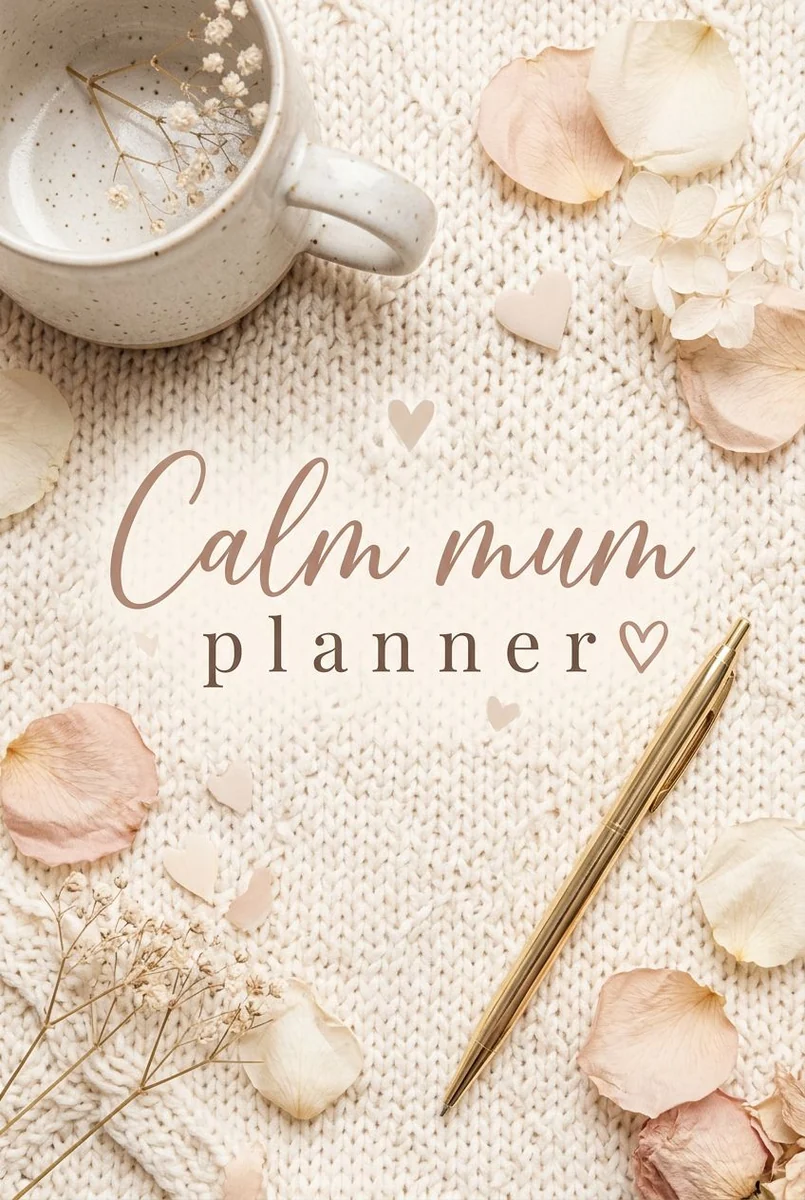 Calm Mum Planner cover arranged on a knitted cream background with a teacup, dried flowers and gold pen