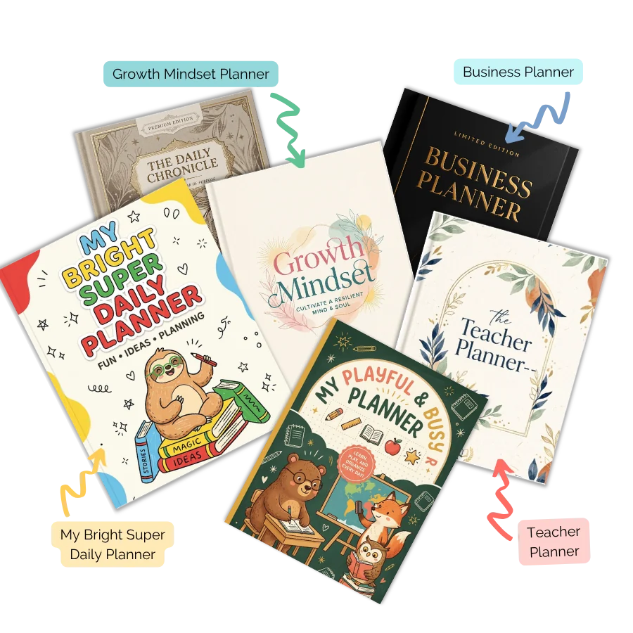 Collage of five planner covers, including Growth Mindset, Business, Teacher and playful daily planners