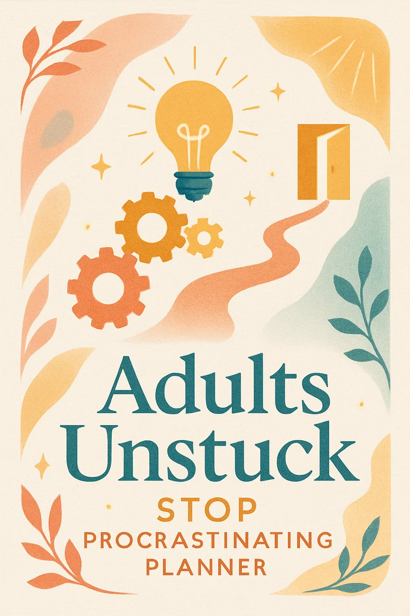 Cream Adults Unstuck: Stop Procrastinating Planner cover with a lightbulb, gears and warm botanical shapes