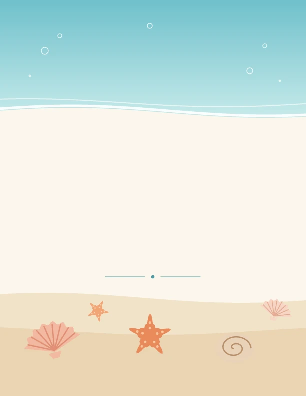 Beach-themed planner cover with a blue sea, pale sand, seashells and starfish