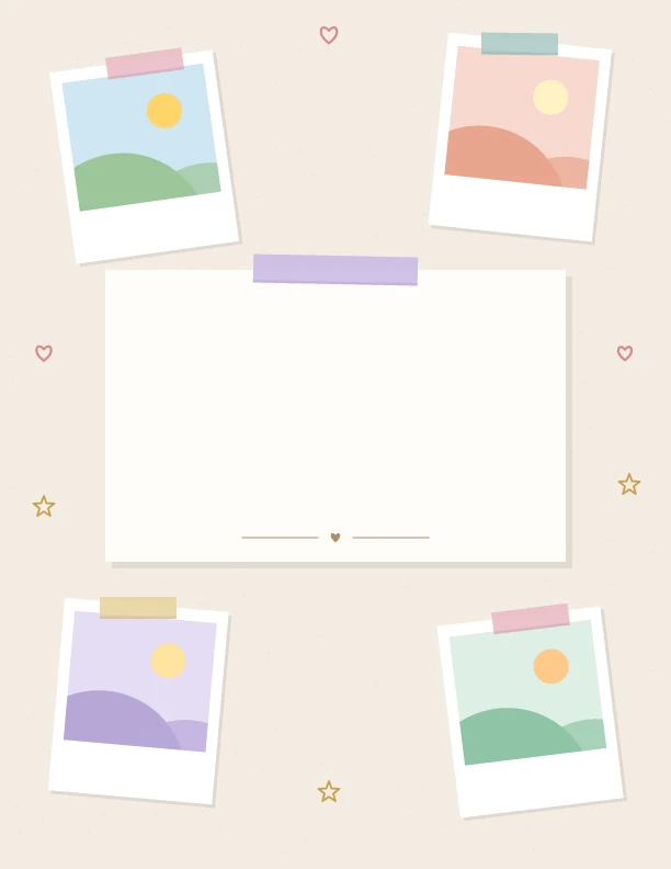 Cream scrapbook-style planner cover with four illustrated instant photos around a blank centre