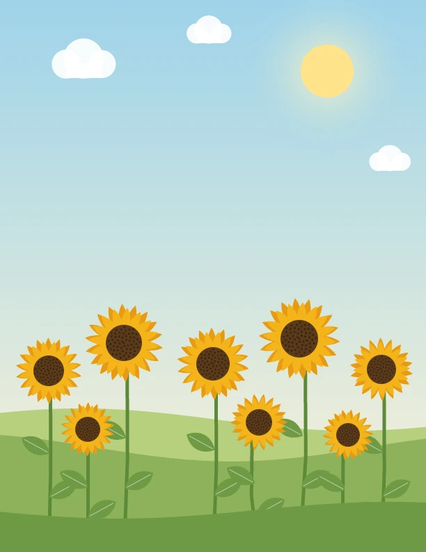 Sunny planner cover with a blue sky, green field and rows of yellow sunflowers