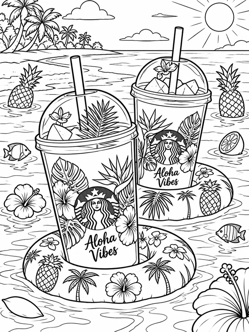 Black-and-white colouring page of fruit drinks with citrus, berries and a tropical background