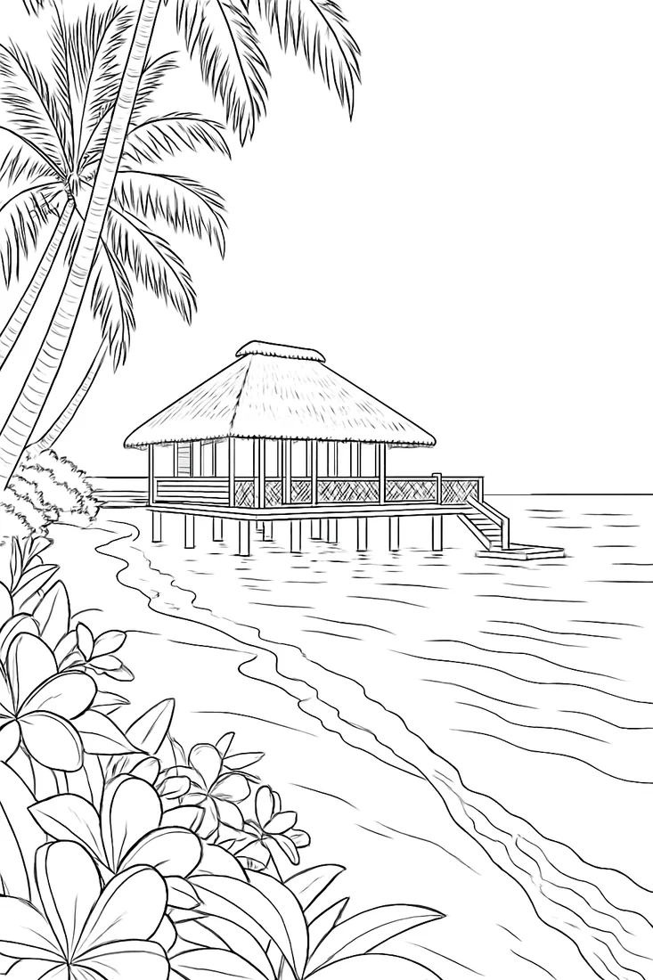 Tropical beach colouring page with palm trees, flowers and an overwater bungalow