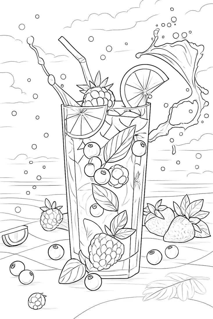 Fruit-drink colouring page with a large citrus slice, berries, leaves and splashing water