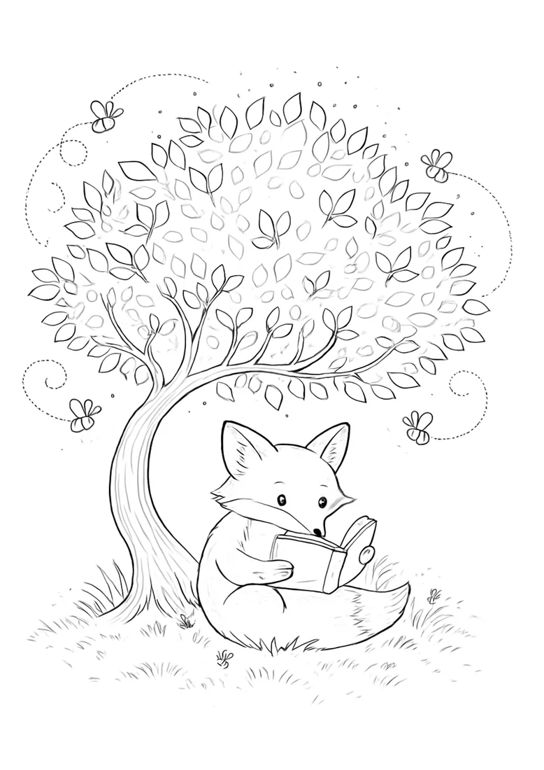 Black-and-white fox and tree illustration with detailed leaves and grass