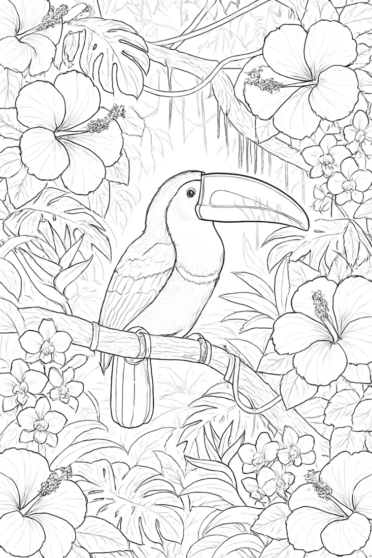 Toucan colouring page surrounded by large tropical flowers and leaves