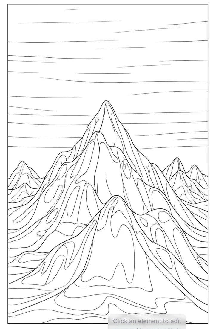 Mountain colouring-page preview with flowing contour lines and an outlined page border