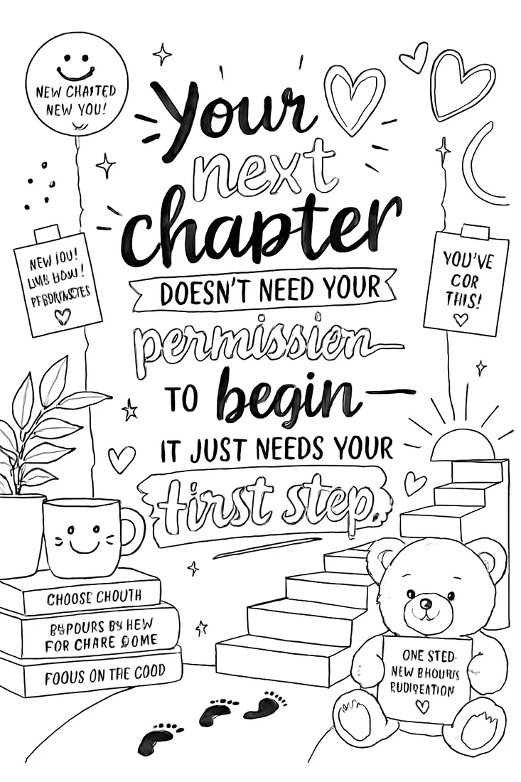 Motivational quote colouring page with a teddy bear, plants, a mug and steps