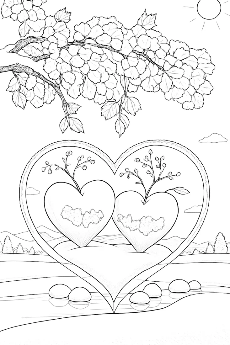 Colouring page of a glass heart, small hearts and cherry blossoms above water