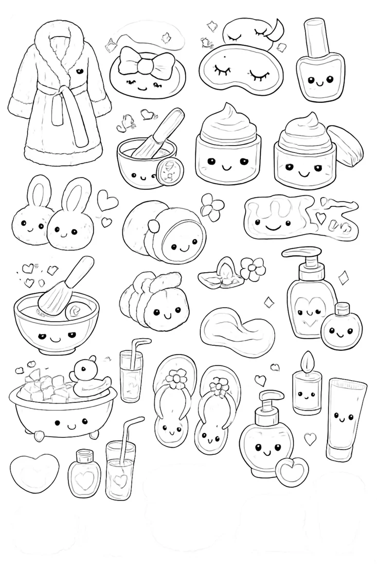 Black-and-white sticker-style colouring sheet of treats, drinks, animals and accessories