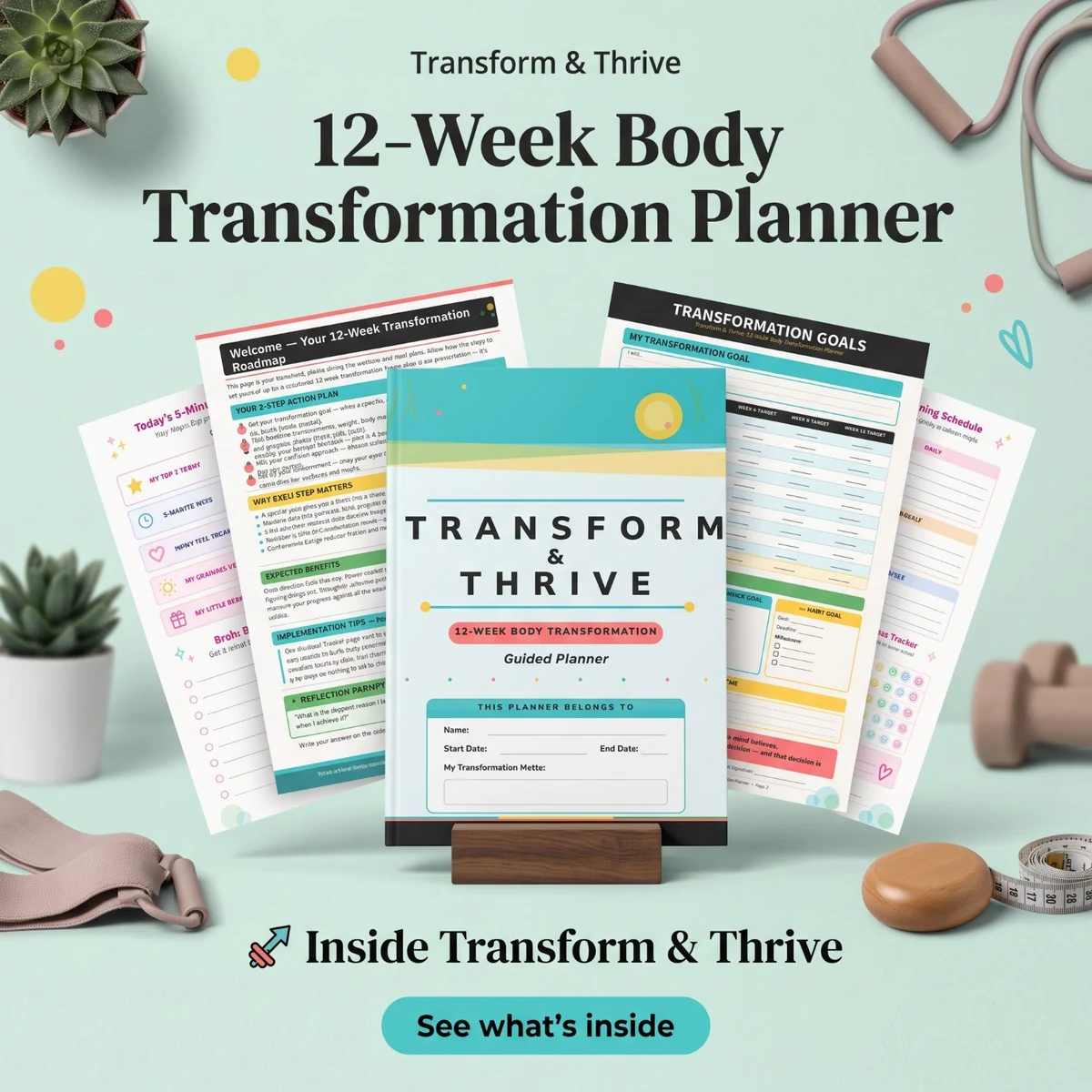 Teal-and-white Transform & Thrive planner promotion with its cover, page previews and small plant accents.