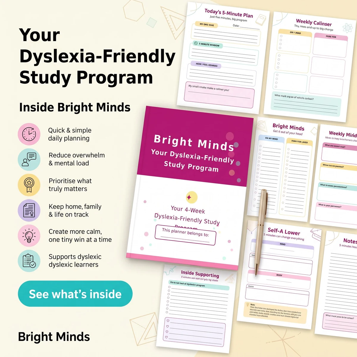 Bright Minds Dyslexia-Friendly Study Program promotion with a purple program cover, sample study pages and illustrated feature callouts.