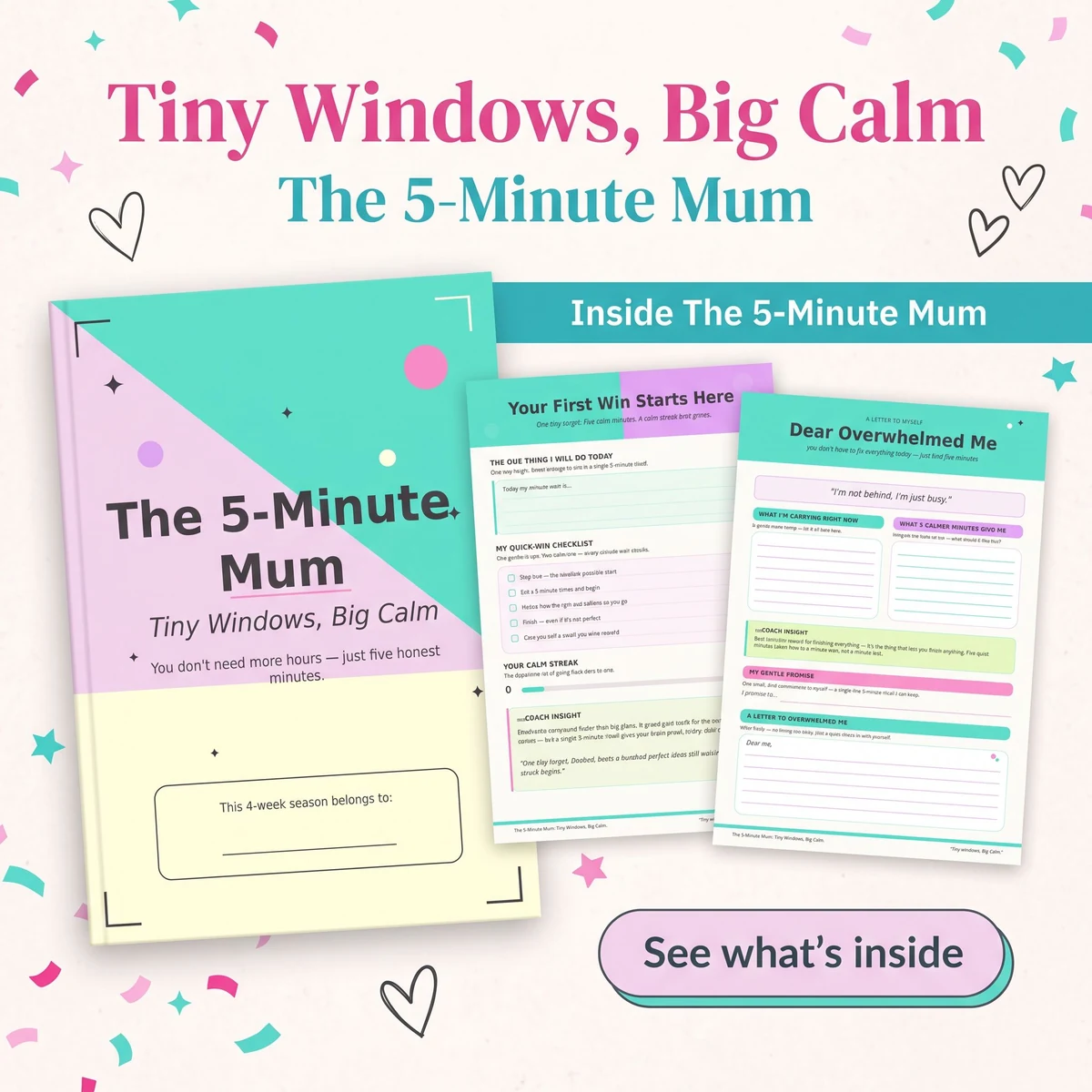 Mint-and-pink Tiny Windows, Big Calm planner promotion with a large title, planner cover, sample pages and an in-art button.