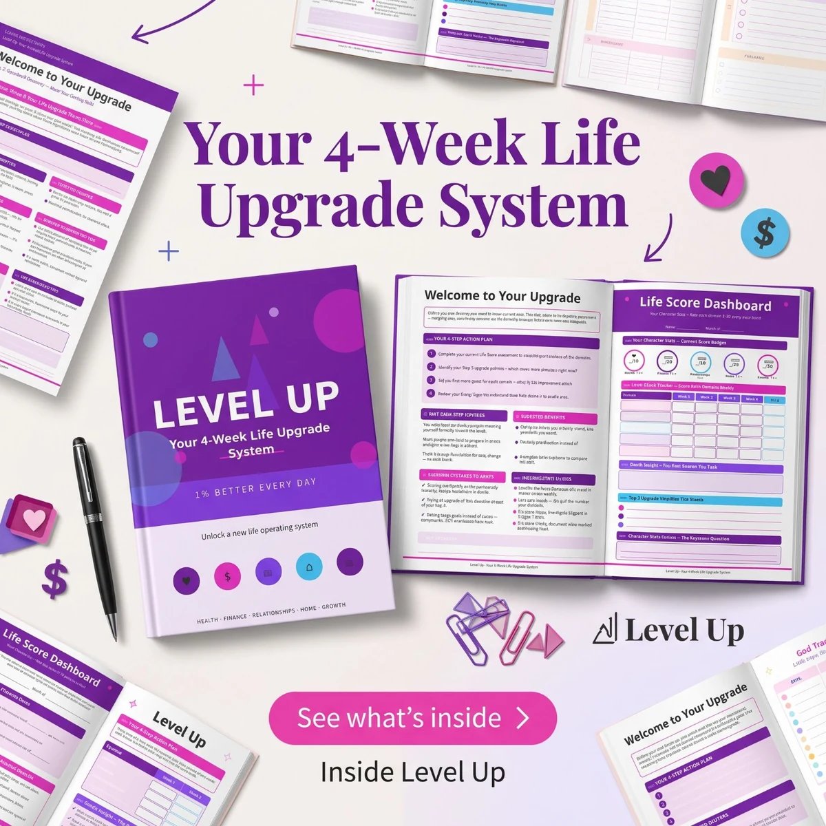 Purple Your 4-Week Life Upgrade System promotion, showing a LEVEL UP cover, sample planner pages and graphic accents.