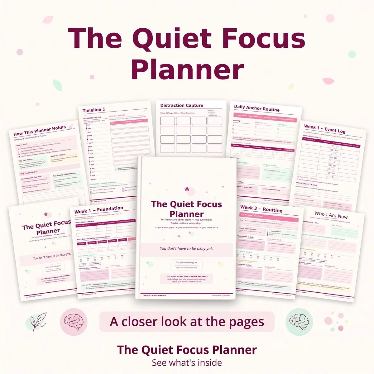 Quiet Focus Planner promotion on a pale background, with a centered planner cover and several pink-toned page previews.