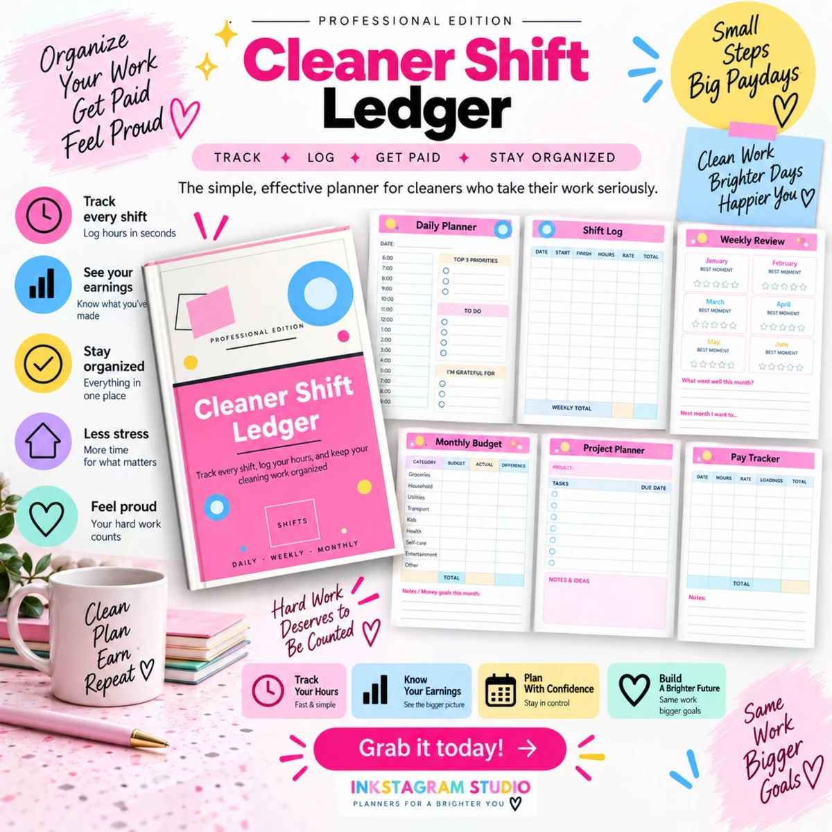 Bright pink-and-yellow Cleaner Shift Ledger promotion with its cover, sample pages, illustrated icons and in-art callouts.