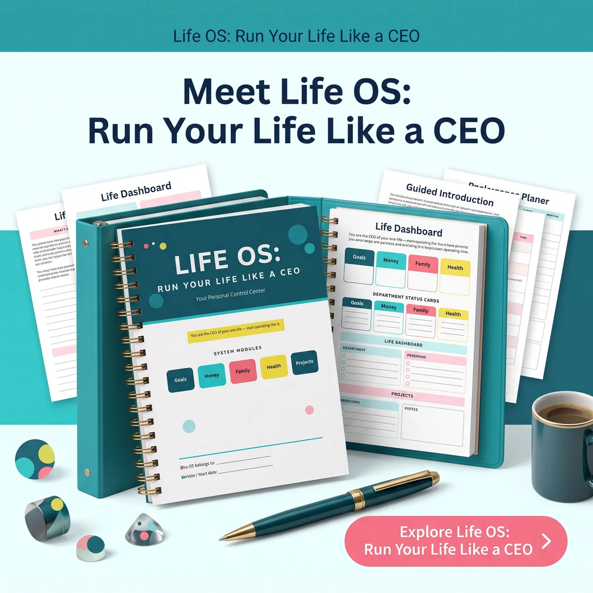 Turquoise Meet Life OS: Run Your Life Like a CEO promotion with a planner cover, sample pages and desktop accessories.