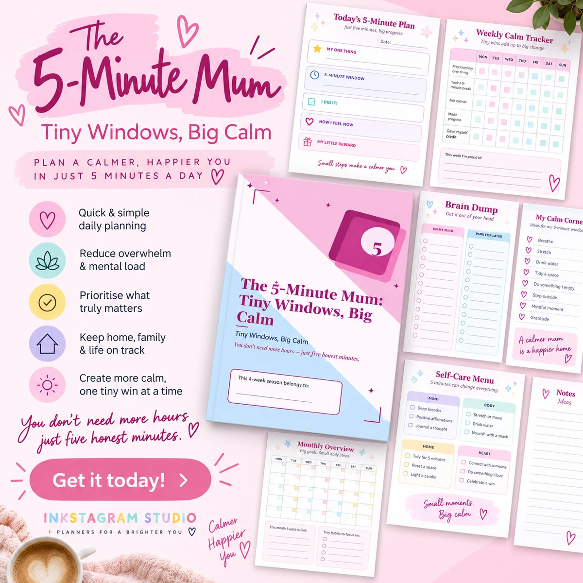 Near-identical second supplied version of The 5-Minute Mum: Tiny Windows, Big Calm pink-and-mint planner composition, with its cover and page previews.