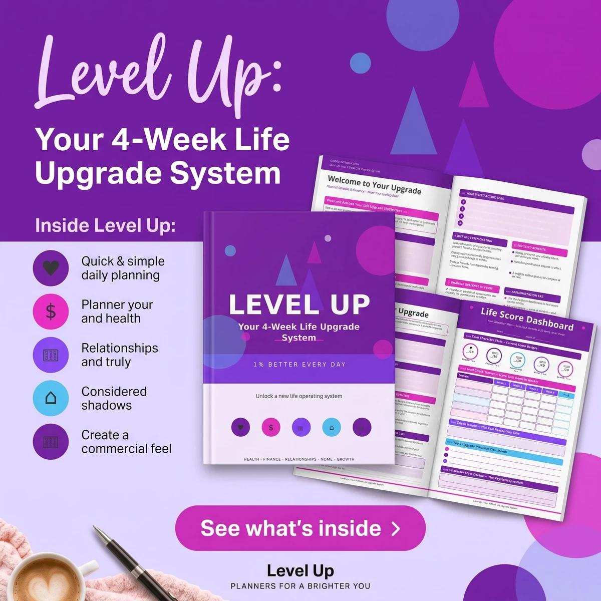 Purple Level Up: Your 4-Week Life Upgrade System graphic with a benefits list, planner cover and page previews.