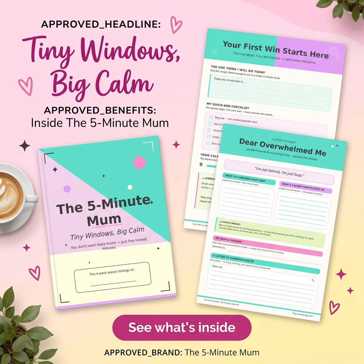 Pink Tiny Windows, Big Calm promotional composition with a large planner page, product cover, sample pages and prominent in-art headline.