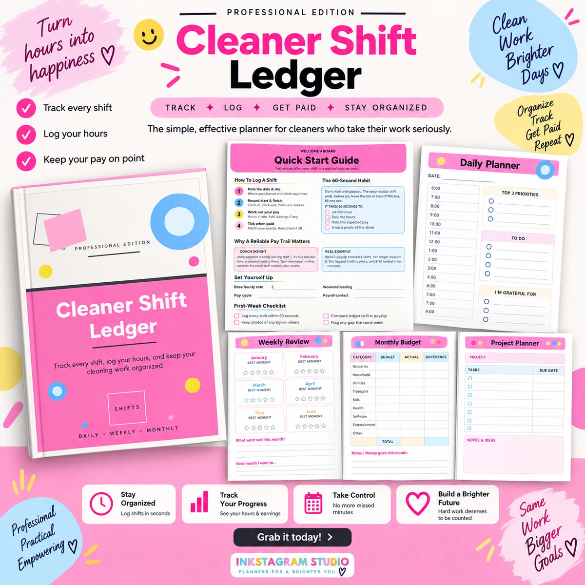 Pastel pink-and-yellow Cleaner Shift Ledger promotion with a planner cover, page previews and round illustrated callouts.